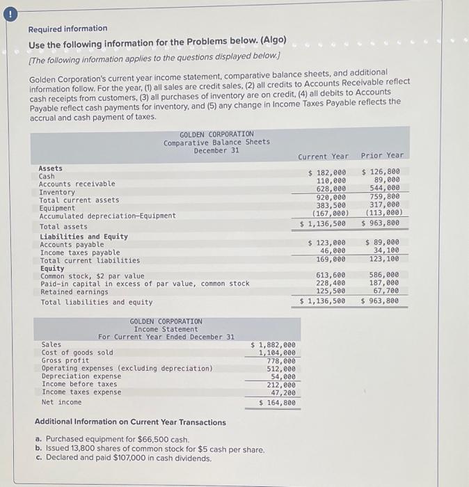  Required information Use the following information for the Problems below. (Algo)