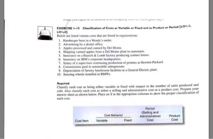 Product or Period [LOI-3. Below are listed various costs that are found