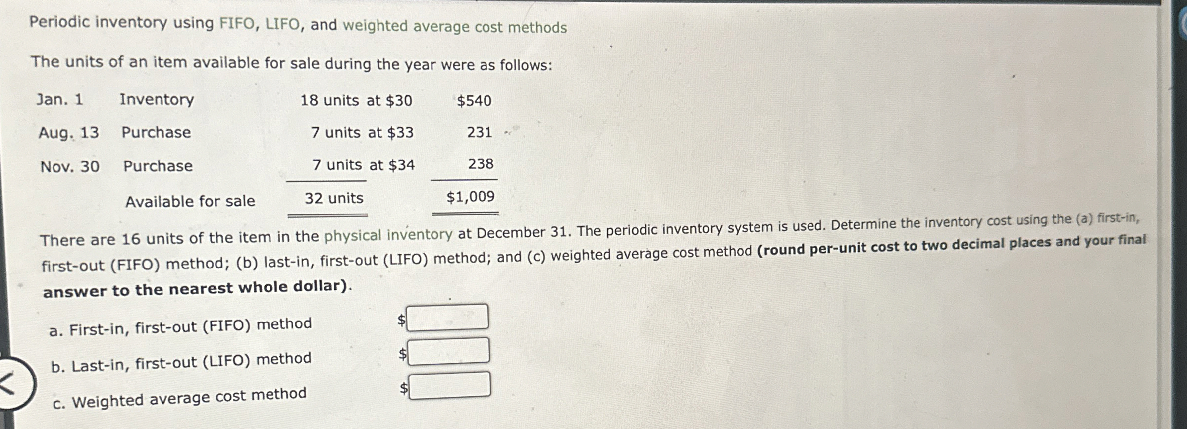  Periodic inventory using FIFO, LIFO, and weighted average cost methods The