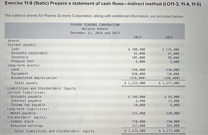  Exercise 11-8 (Static) Prepare a statement of cash flows-indirect method (LO11-3,