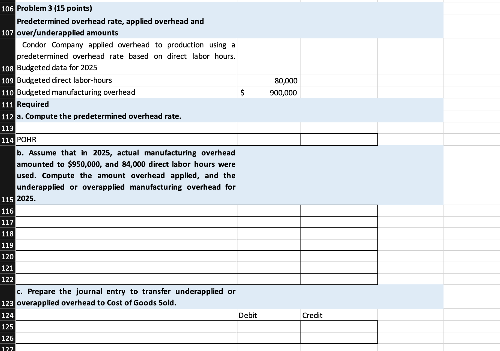  106 Problem 3 (15 points) Predetermined overhead rate, applied overhead and