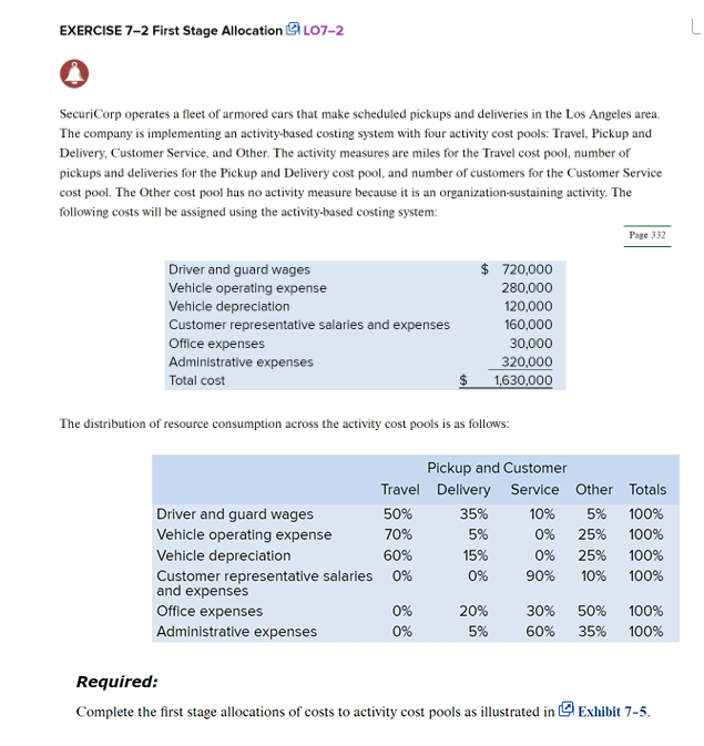  EXERCISE 7-2 First Stage Allocation SO LO7-2 (8) SecuriCorp operates a