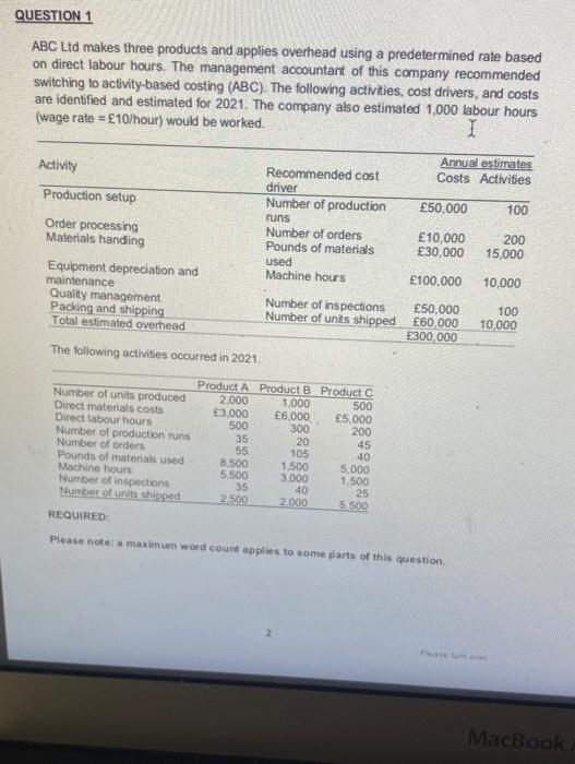 using the activity allocation rates, estimate the profuction costs for each product