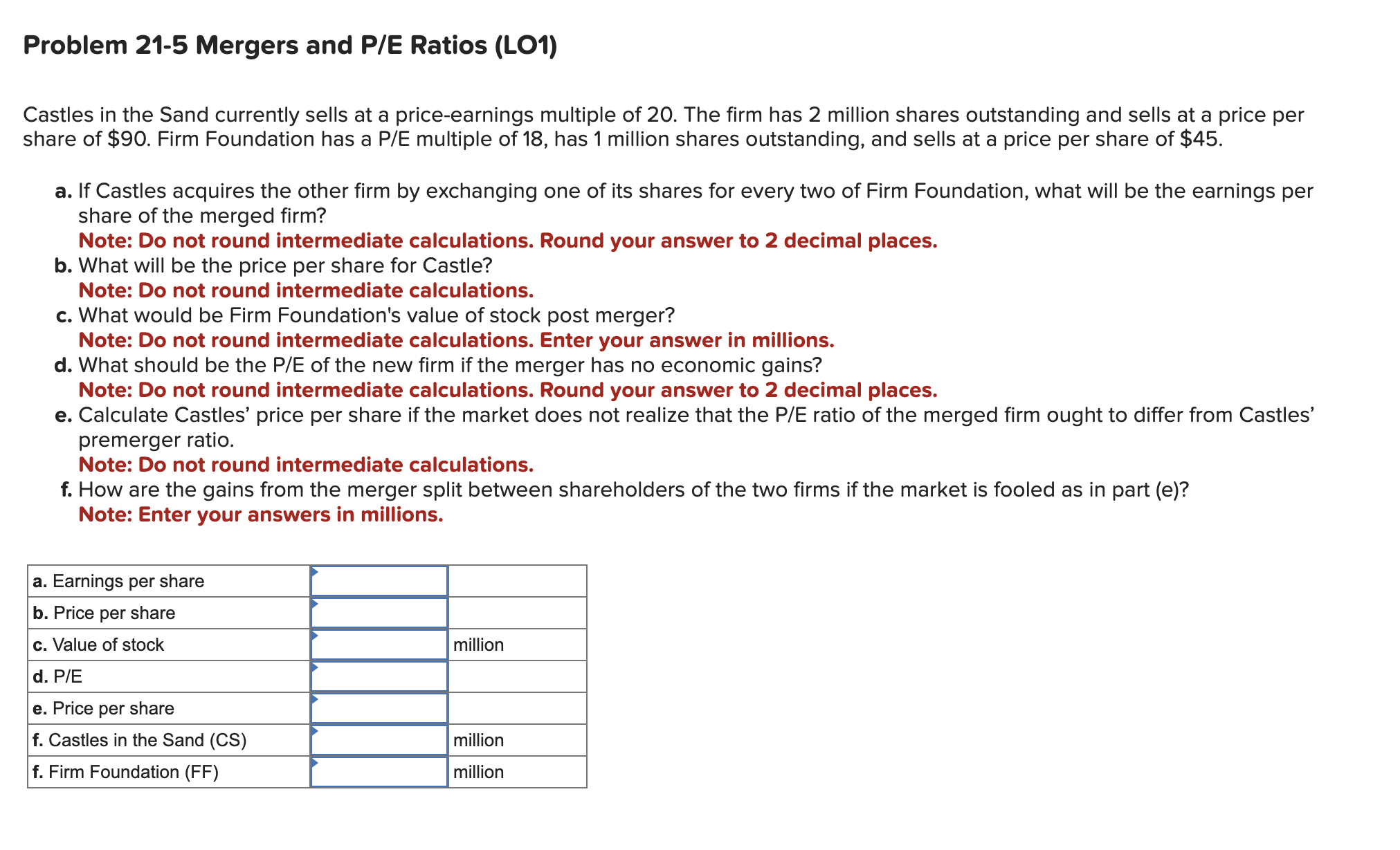  Problem 21-5 Mergers and P/E Ratios (LO1) Castles in the Sand