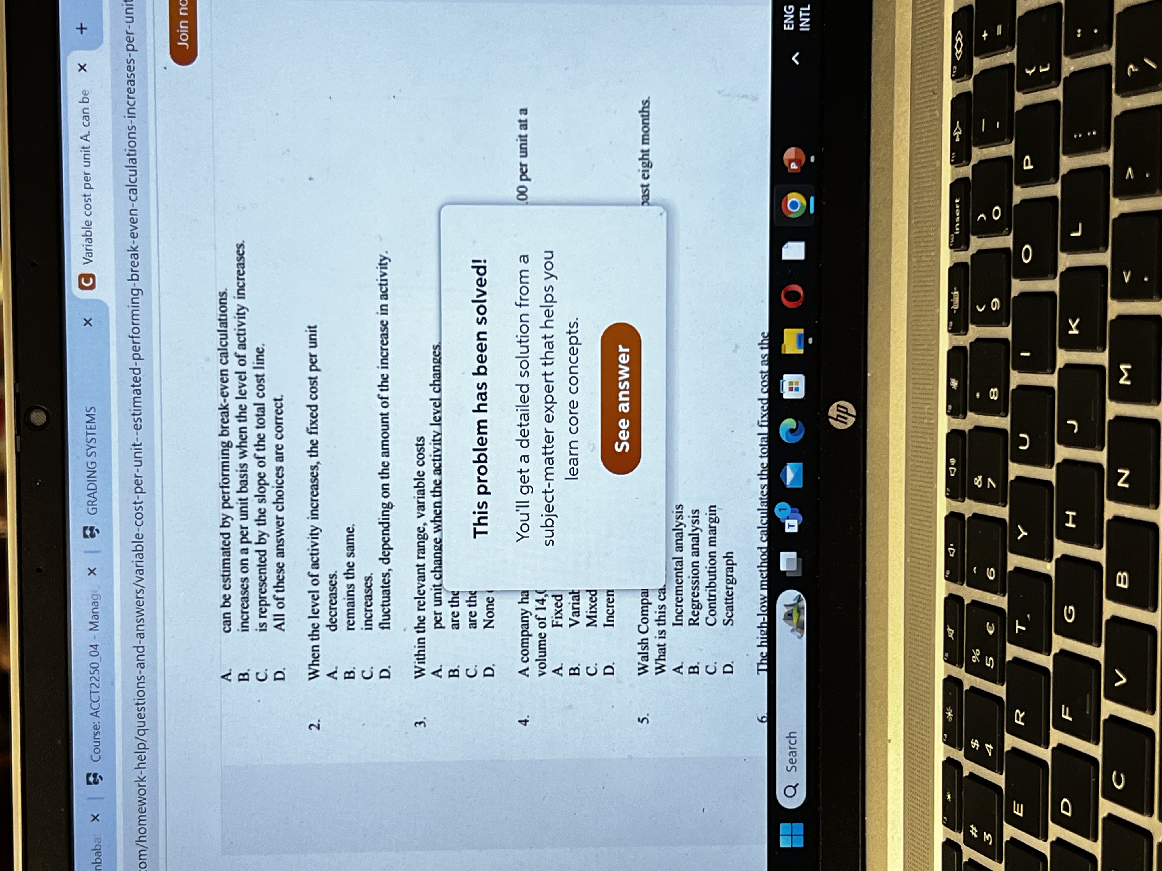  nbaba Course: ACCT2250_04- Manag GRADING SYSTEMS Variable cost per unit A.