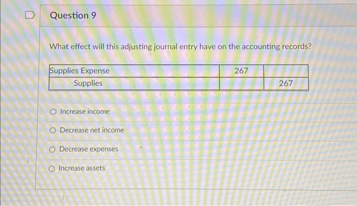  Question 9 What effect will this adjusting journal entry have on