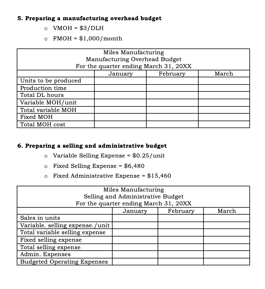  Preparing a manufacturing overhead budget VMOH=$3DLH FMOH=$1,000? month Preparing a selling