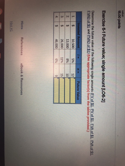  1500 polnts Exerclse 6-1 Future value; single amount [Lo6-2] Determine the