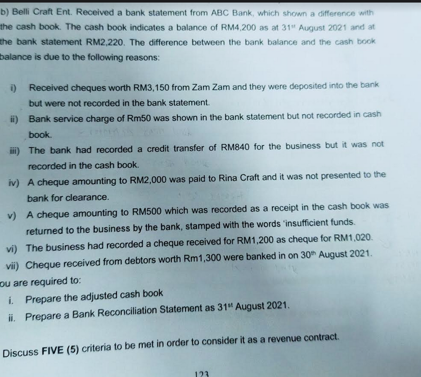  b) Belli Craft Ent. Received a bank statement from ABC Bank,