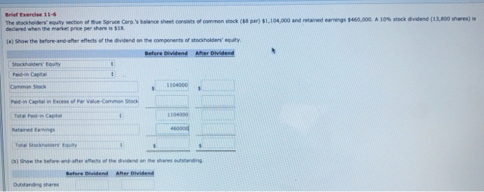 par) $1,104,000 and retained earnings $460,000. A 10% stock dividend (13,800 shares)