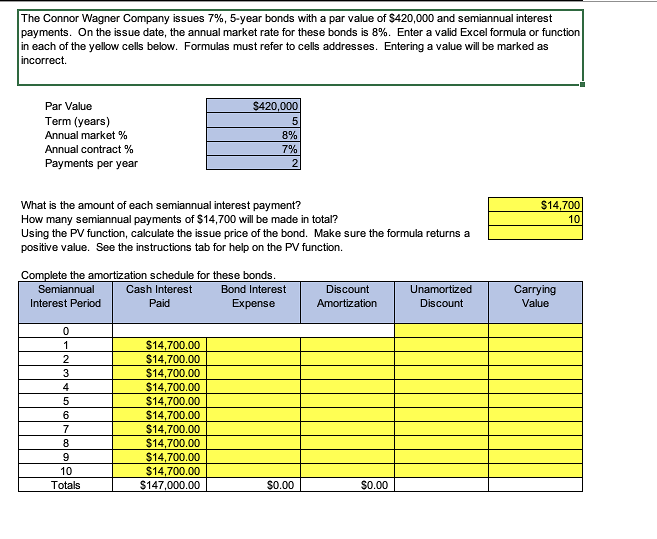  The Connor Wagner Company issues 7%,5-year bonds with a par value