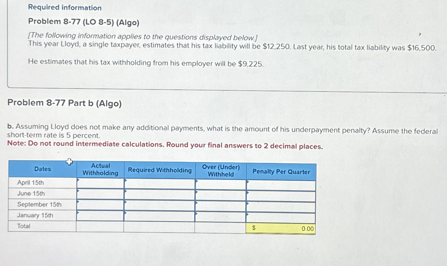  Required information Problem 8-77(LO 8-5)(Algo) [The following information applies to the