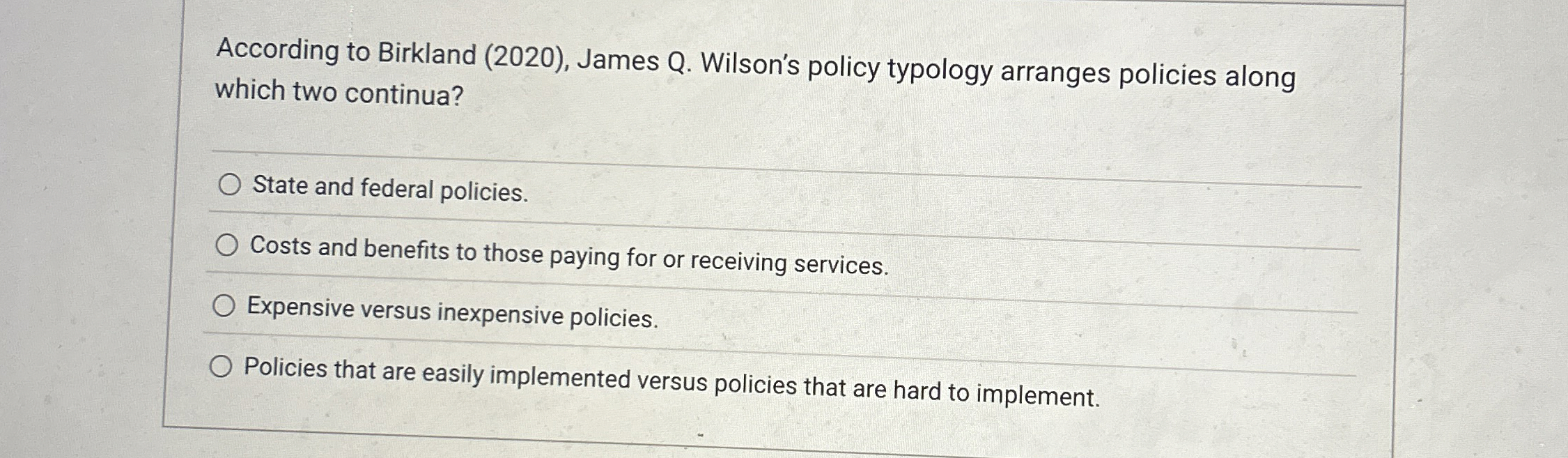  According to Birkland (2020), James Q. Wilson's policy typology arranges policies