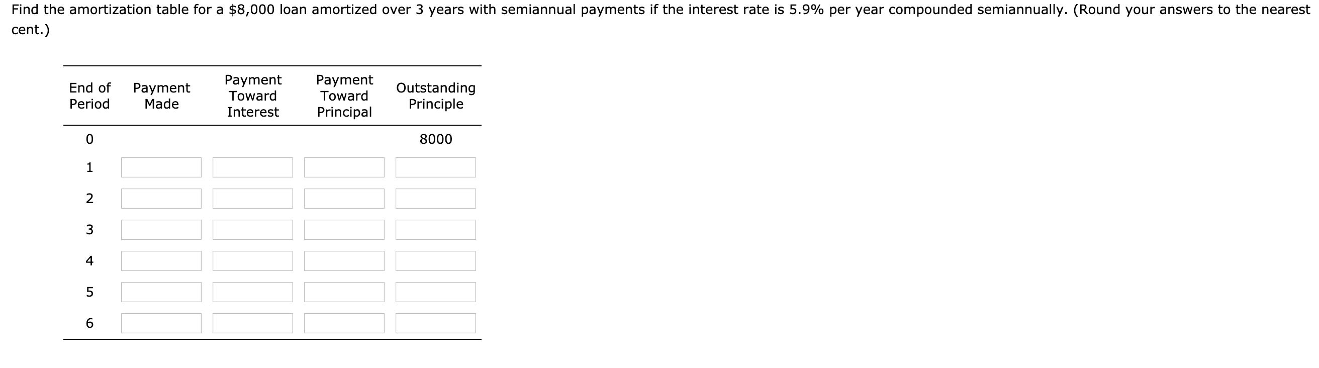 Find the amortization table for a $8,000 loan amortized over 3