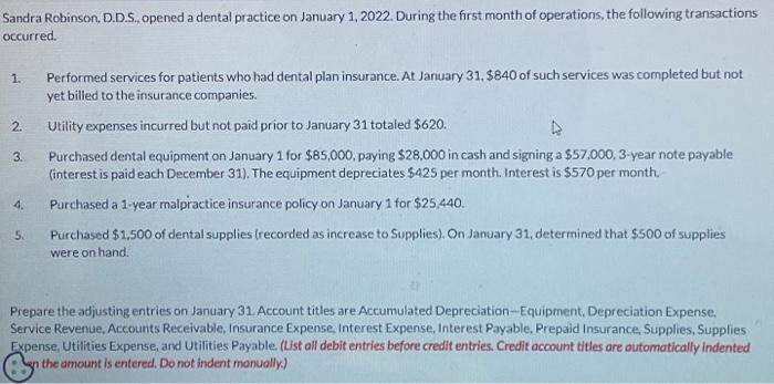  Sandra Robinson, D.D.S., opened a dental practice on January 1, 2022.