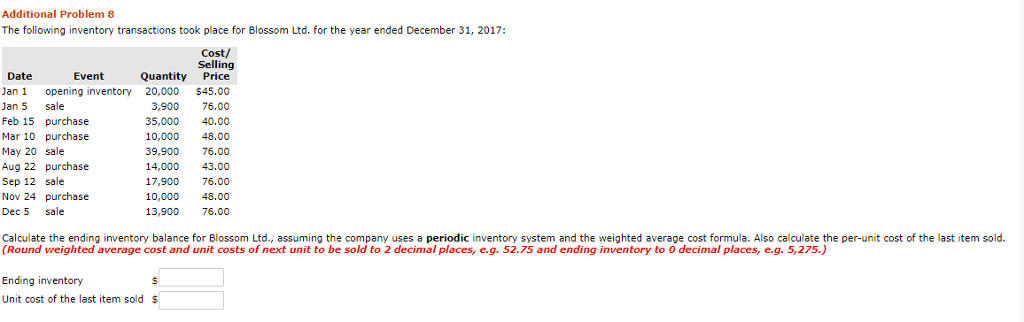 Answer with the detailed solutions, please. Additional Problem 8 The following inventory