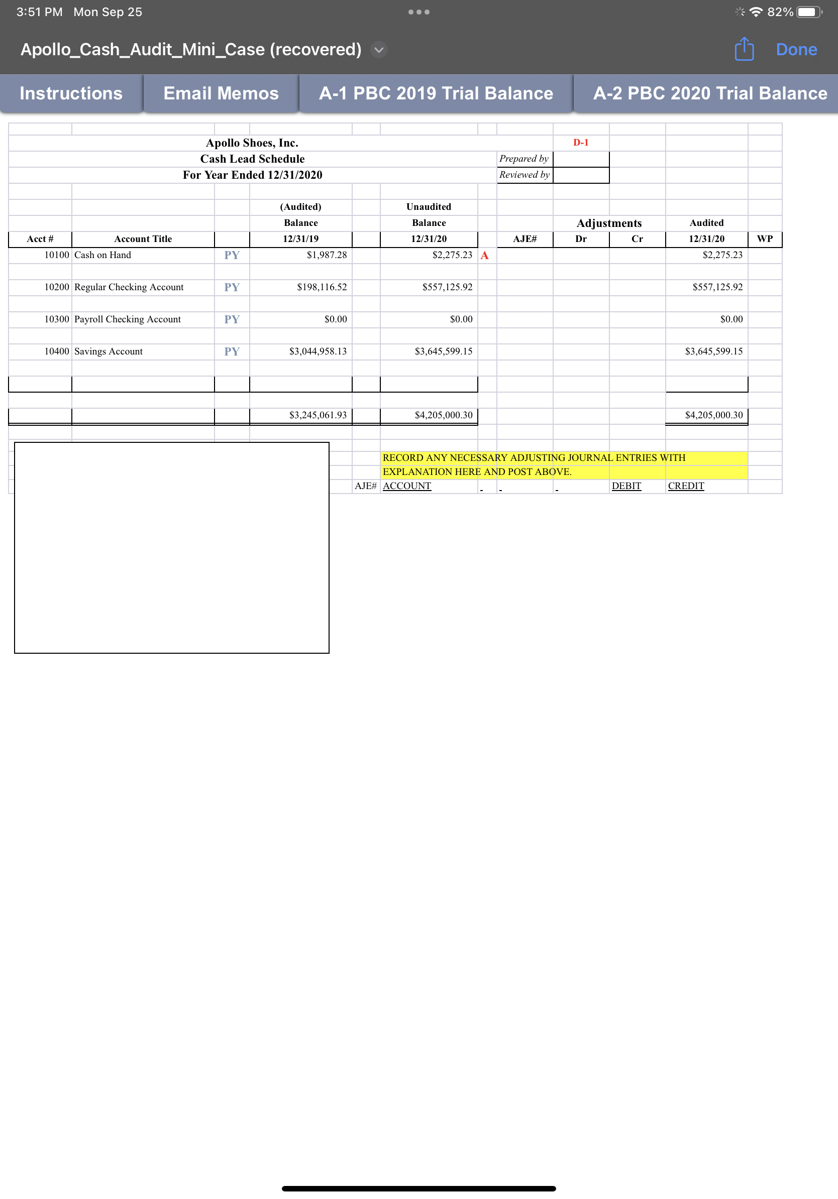 2019 Trial Balance A-2 PBC 2020 Trial Balance 3:51 PM Mon Sep