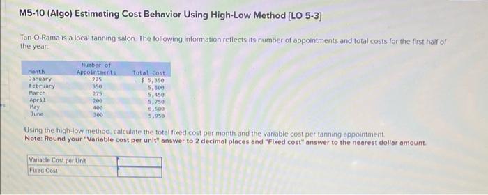  M5-10 (Algo) Estimating Cost Behavior Using High-Low Method [LO 5-3] Tan-O-Rama