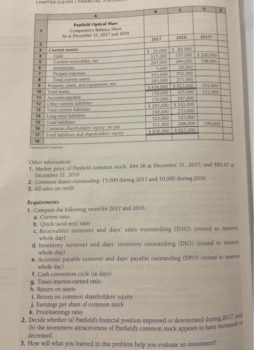 Mart follow: Other information: 1. Market price of Panfield common stock: $94.38