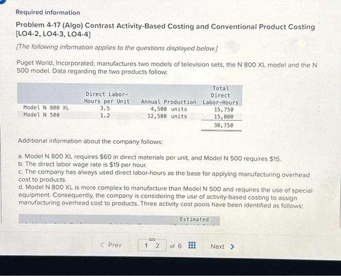  Required information Problem 4-17 (Algo) Contrast Activity-Based Costing and Conventional Product