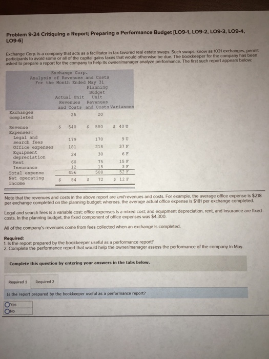  Problem 9-24 Critiquing a Report; Preparing a Performance Budget [Lo9-1, LO9-2.