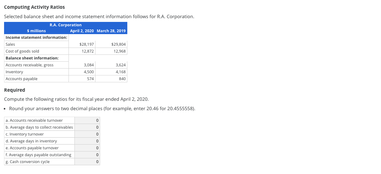 Computing Activity Ratios Selected balance sheet and income statement information follows