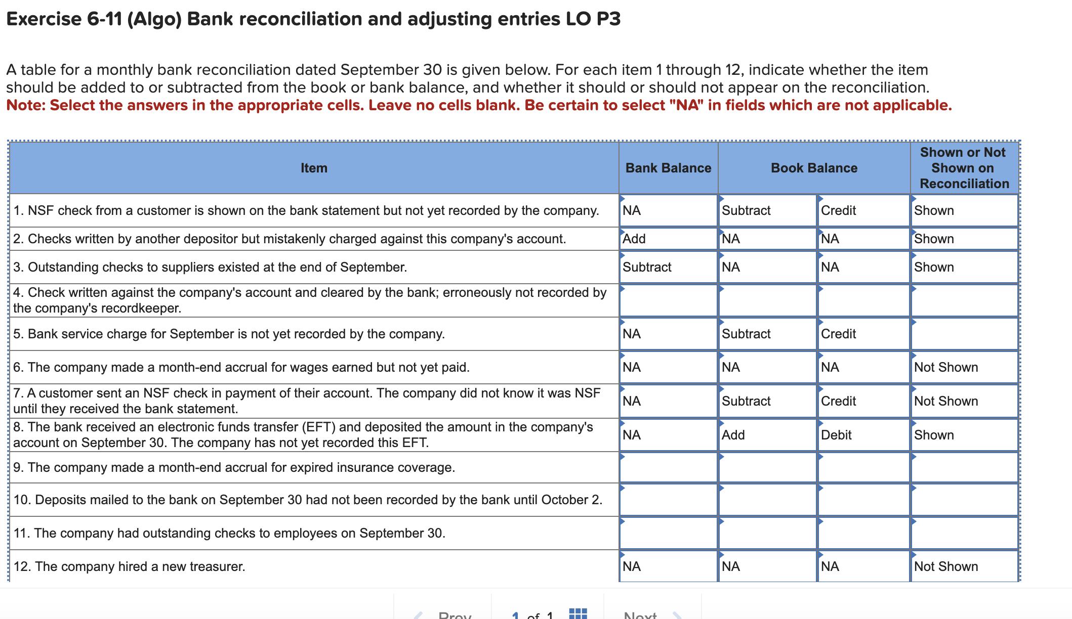 A table for a monthly bank reconciliation dated September 30 is given