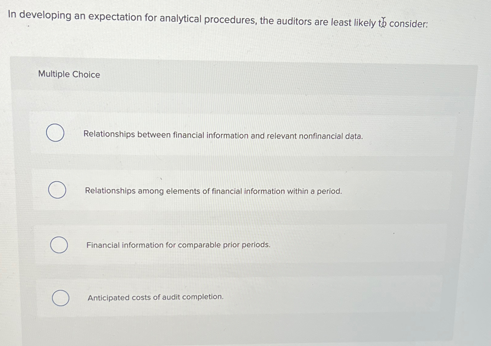  In developing an expectation for analytical procedures, the auditors are least