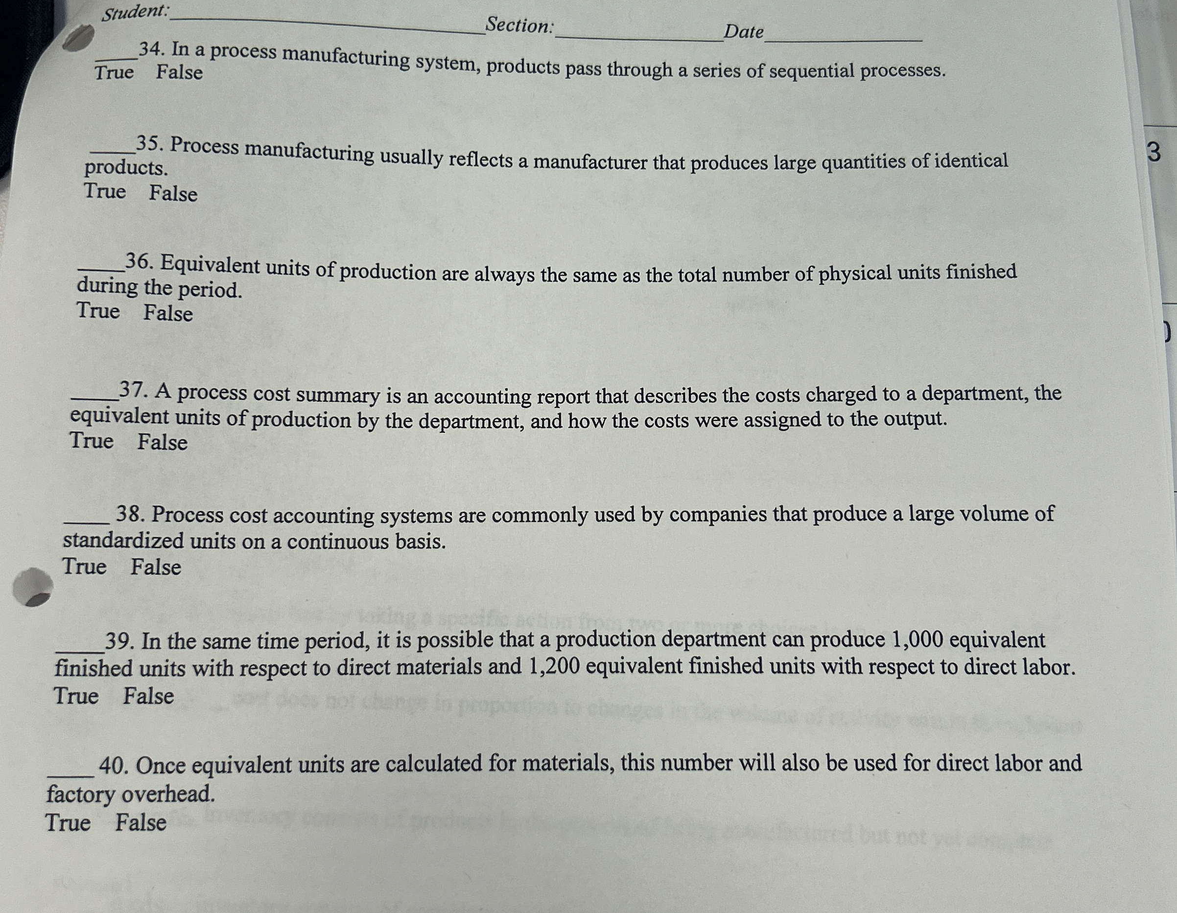  Studen Section: In a process manufacturing system, products pass through a