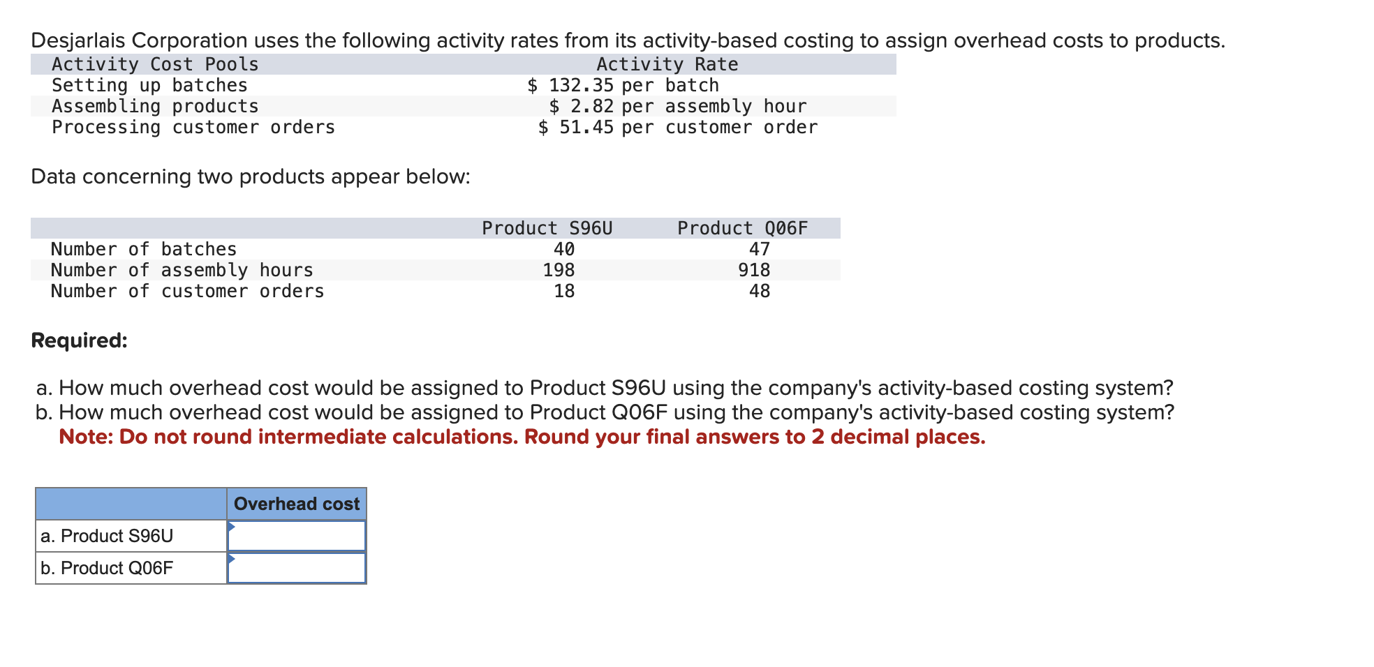 Data concerning two products appear below: Required: a. How much overhead