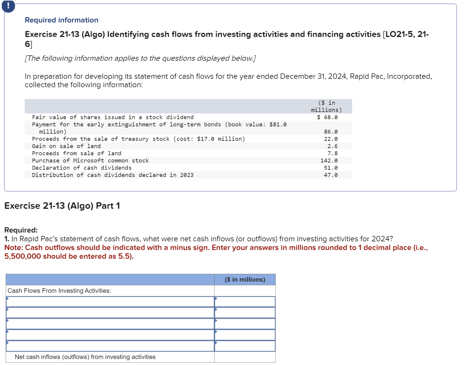  Required information Exercise 21-13(Algo) Identifying cash flows from investing activities and