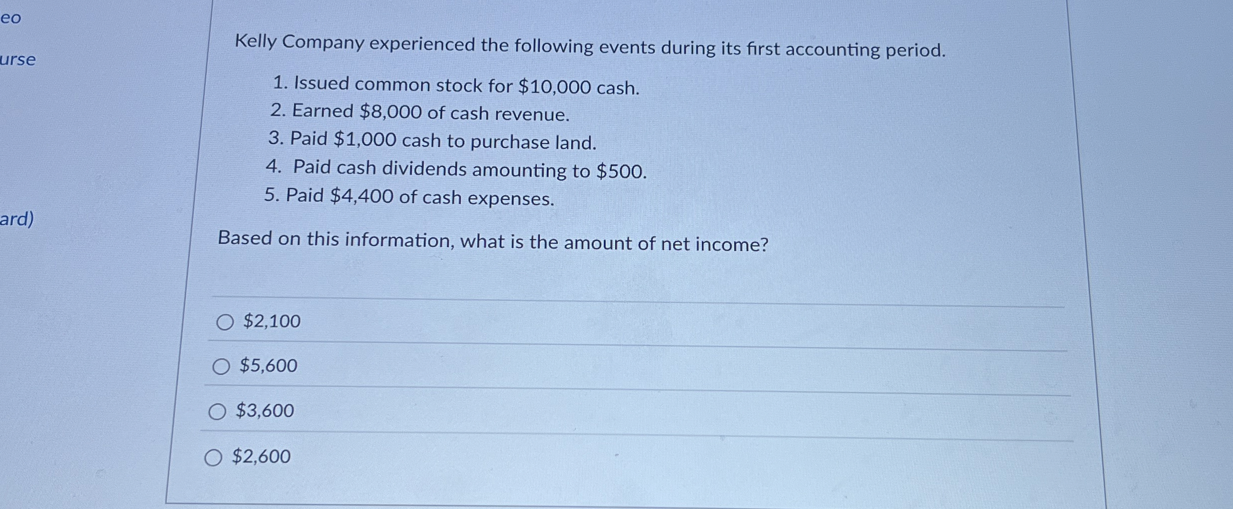  Issued common stock for $10,000 cash. Earned $8,000 of cash revenue.