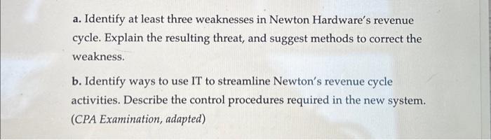 Hardware's revenue cycle. Explain the resulting threat, and suggest methods to correct