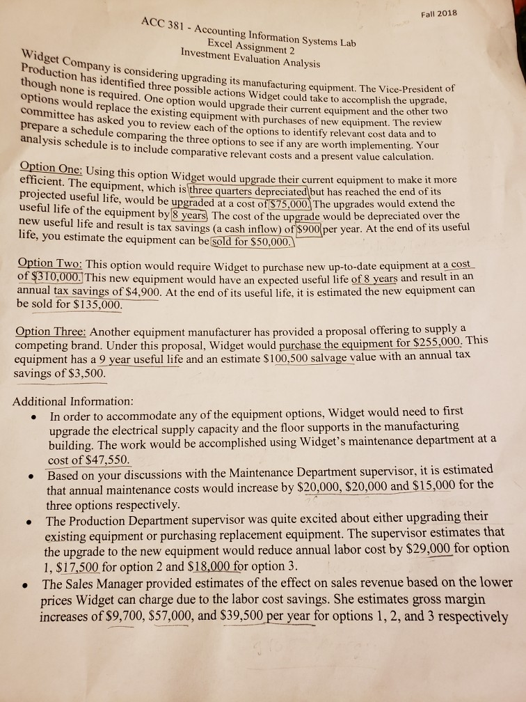  Fall 2018 ACC 381 Accounting Information Systems Lab Excel Assignment 2