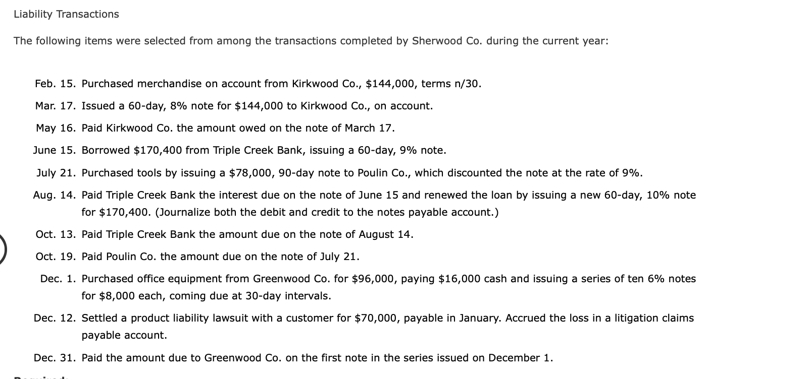 /................... Liability Transactions The following items were selected from among the transactions