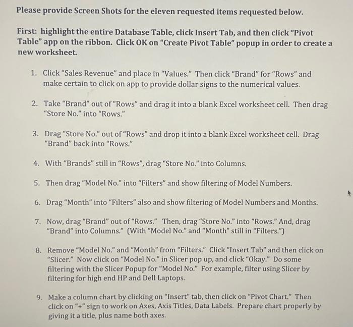  Please provide Screen Shots for the eleven requested items requested below.