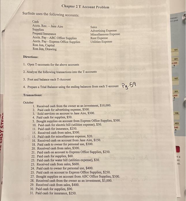 accounting 101 Chapter 2 T Account Problem Surfside uses the following accounts:
