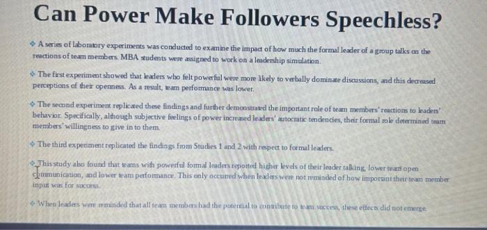  Can Power Make Followers Speechless? Assignment Instructions Answer the following questions