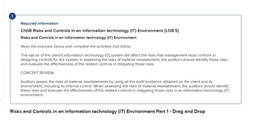 Required information Ch08 Risks and Controls in an information technology (IT)