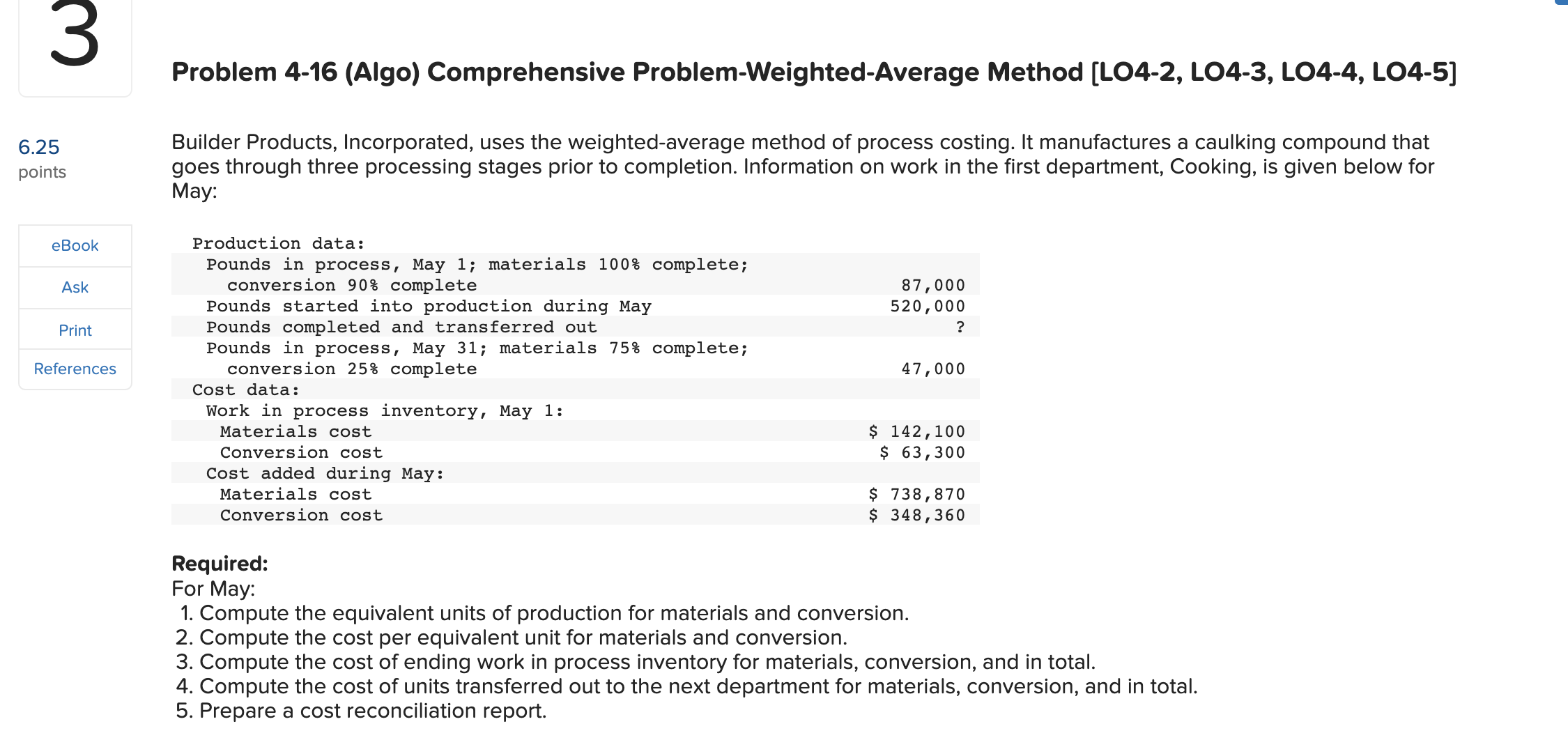  Problem 4-16 (Algo) Comprehensive Problem-Weighted-Average Method [LO4-2, LO4-3, LO4-4, LO4-5] Builder