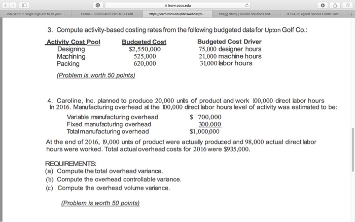  3. Compute activity-based costing rates from the following budgeted data for
