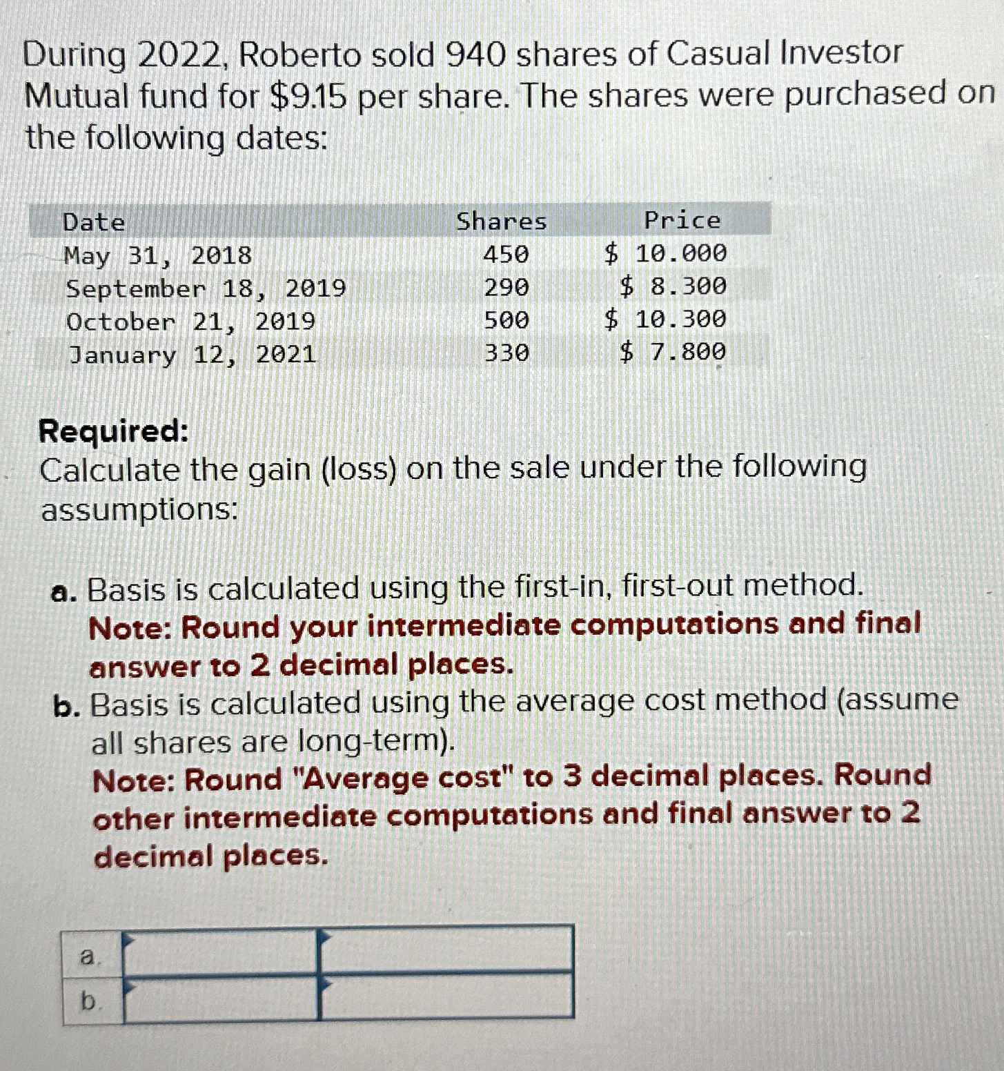  During 2022, Roberto sold 940 shares of Casual Investor Mutual fund