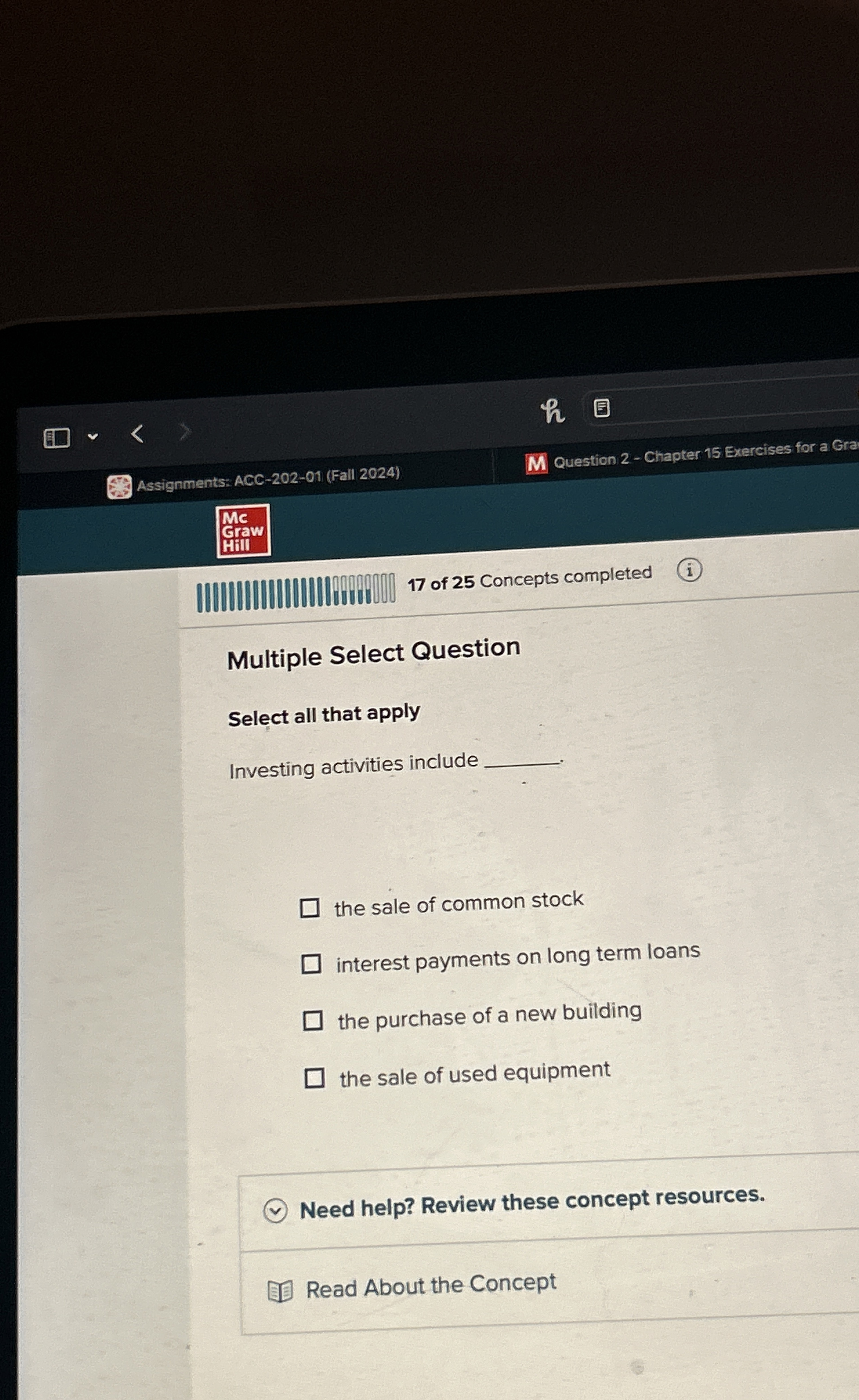  Multiple Select Question Select all that apply Investing activities include the