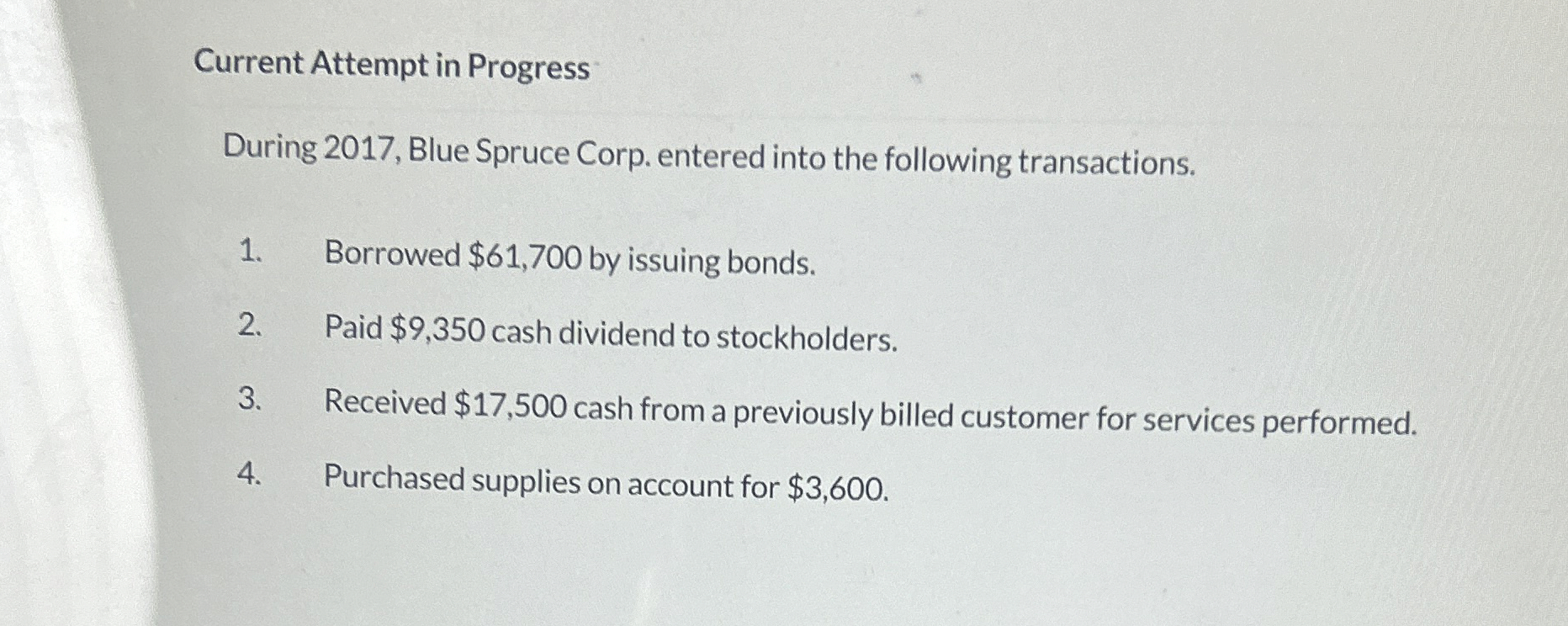  Current Attempt in Progress During 2017, Blue Spruce Corp. entered into