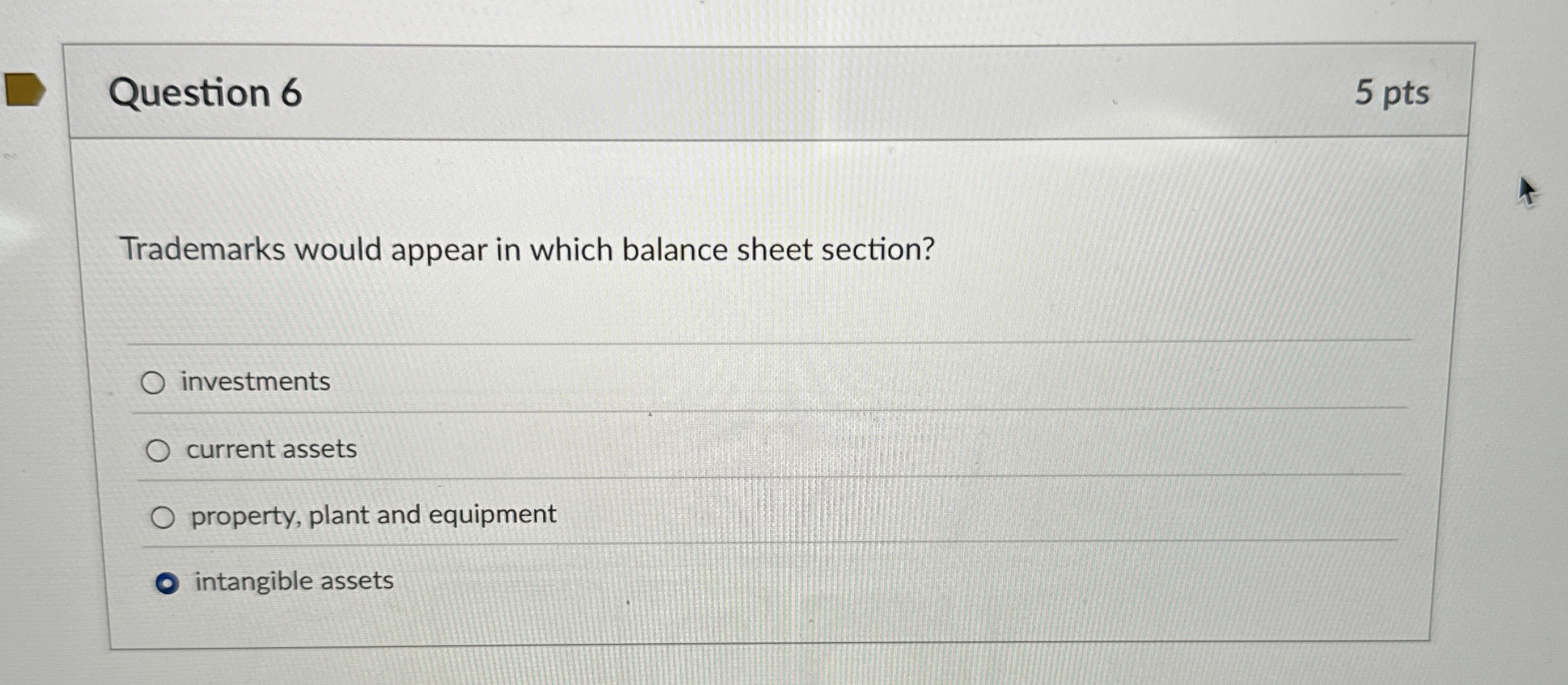  Question 6 Trademarks would appear in which balance sheet section? investments