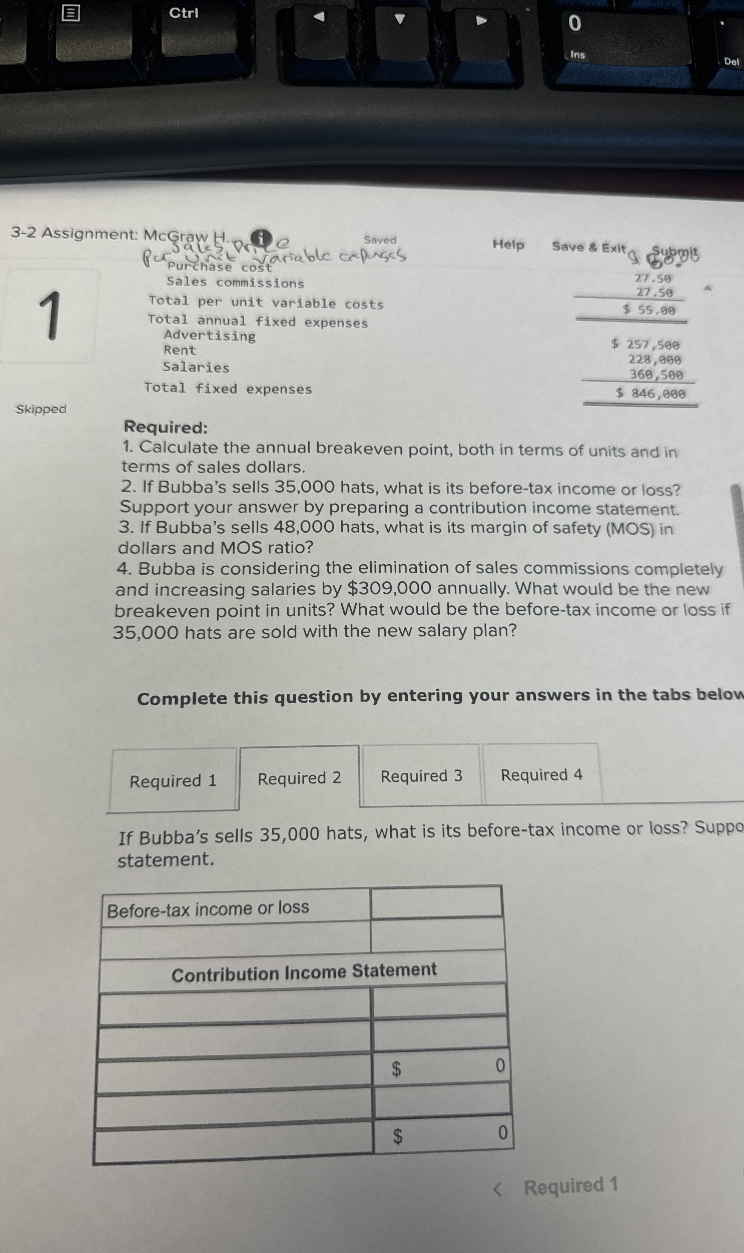  ignment: McGraw H... Saved Help Save & Exit Submit \table[[Purchase cost,27.50],[Sales