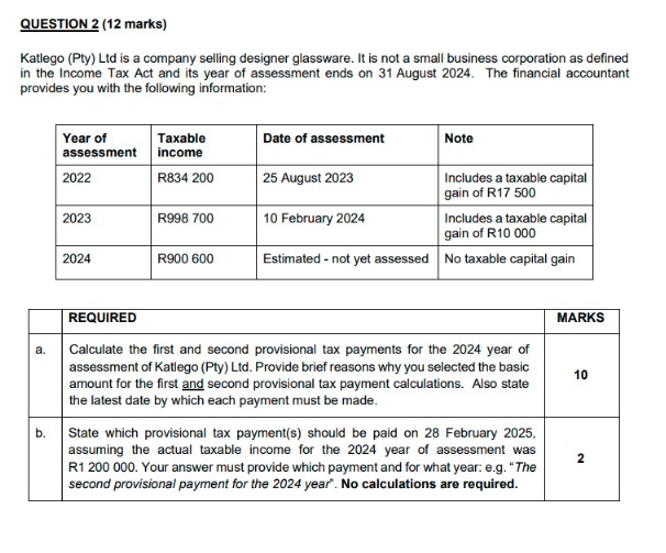  QUESTION 2(12 marks) Katlego (Pty) Ltd is a company selling designer