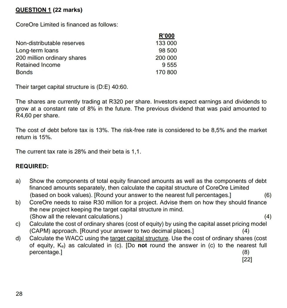 QUESTION 1 (22 marks) Core Ore Limited is financed as follows:
