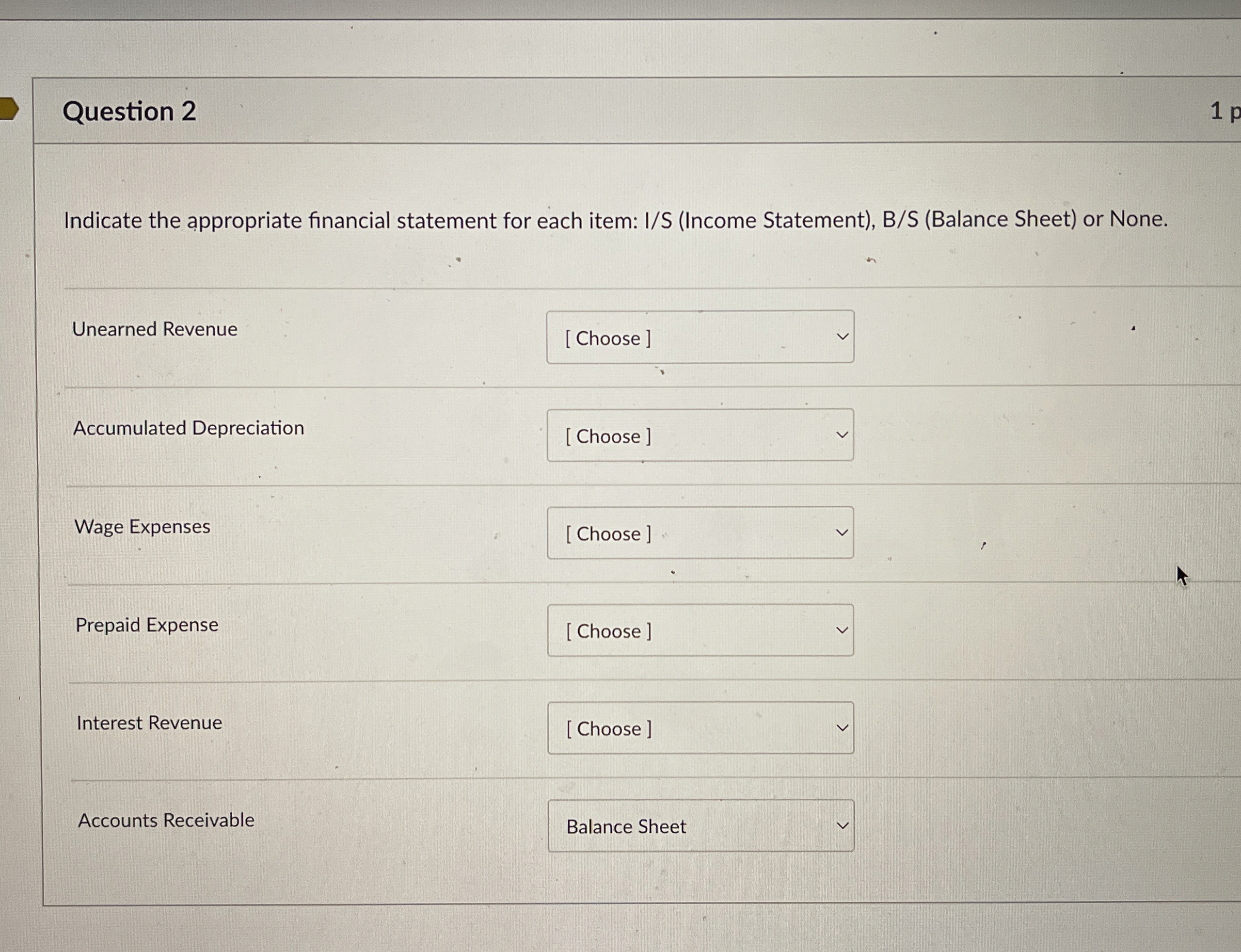 Question 2 Indicate the appropriate financial statement for each item: I/S