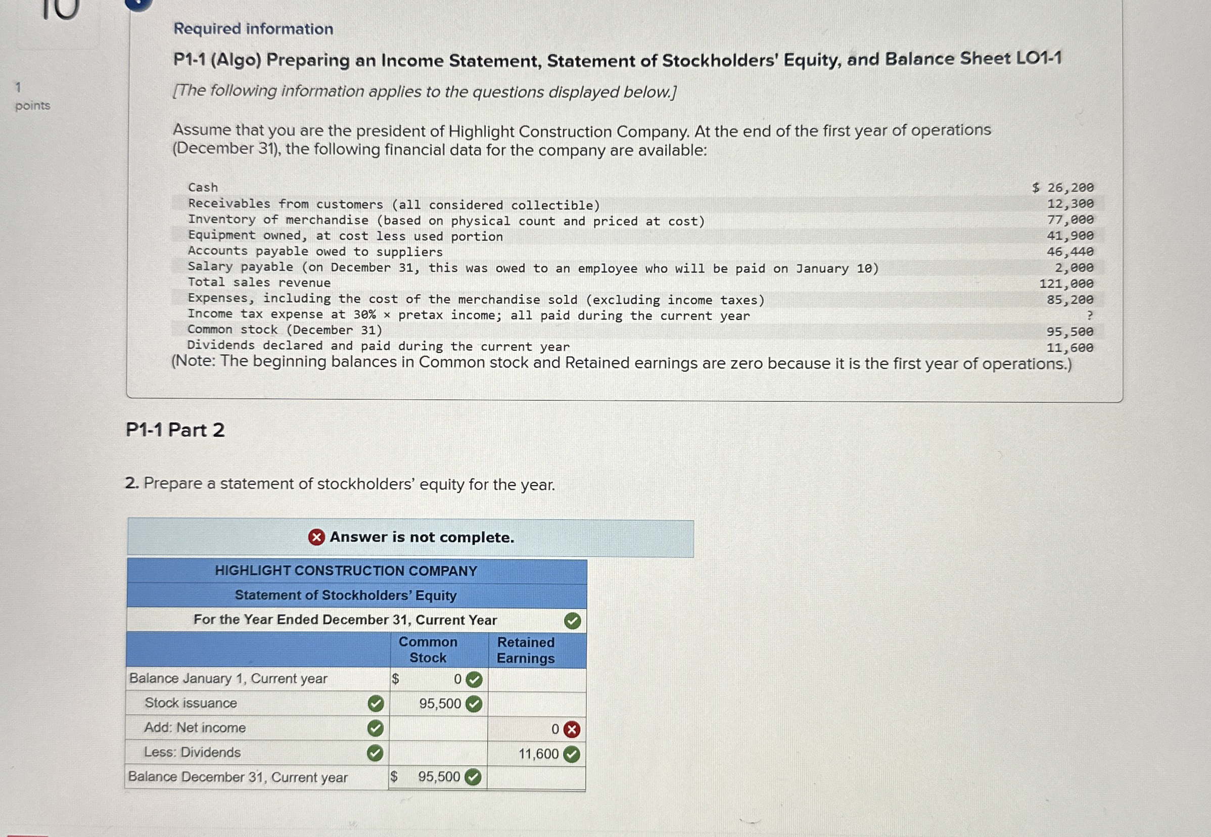  Required information P1-1(Algo) Preparing an Income Statement, Statement of Stockholders' Equity,